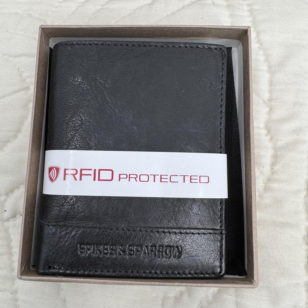 Spikes & Sparrow RFID Protected Black Leather Wallet‎ Coin Pocket Bifold Mens